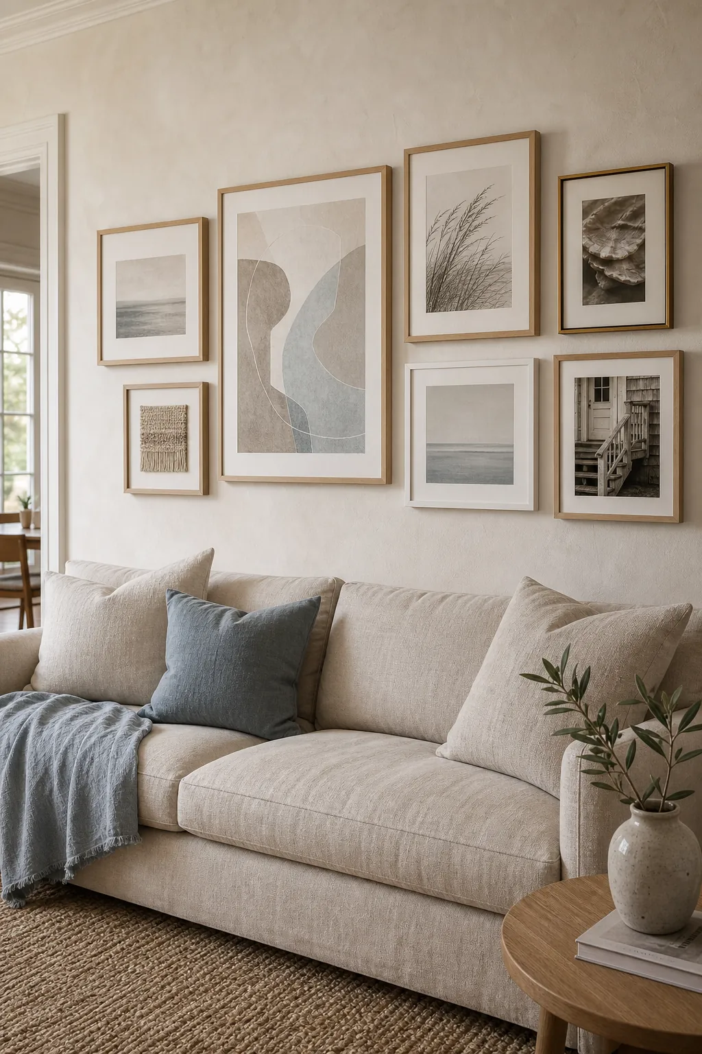 Coastal gallery wall with soft neutral art above a relaxed linen sofa