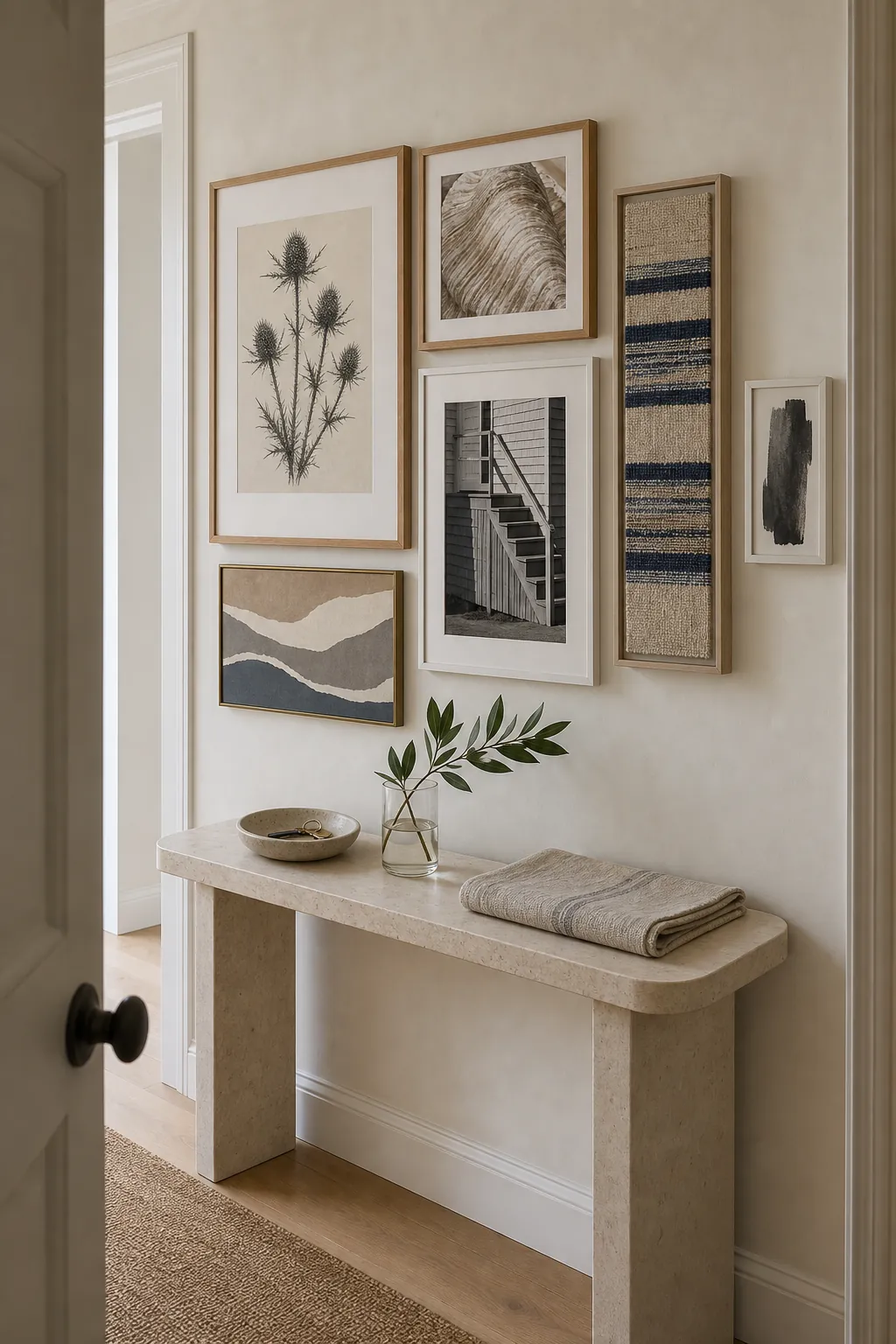 Neutral coastal gallery wall with pale oak frames, charcoal accents, and botanical and shell studies in an entryway