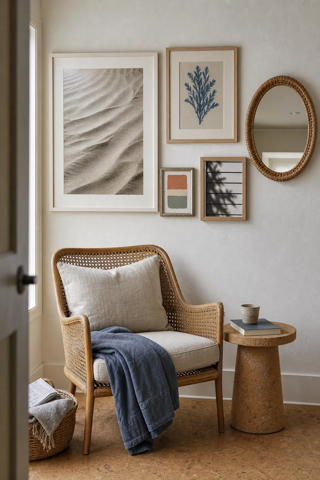 Edited coastal reading nook gallery with an oval rattan mirror and soft neutral art