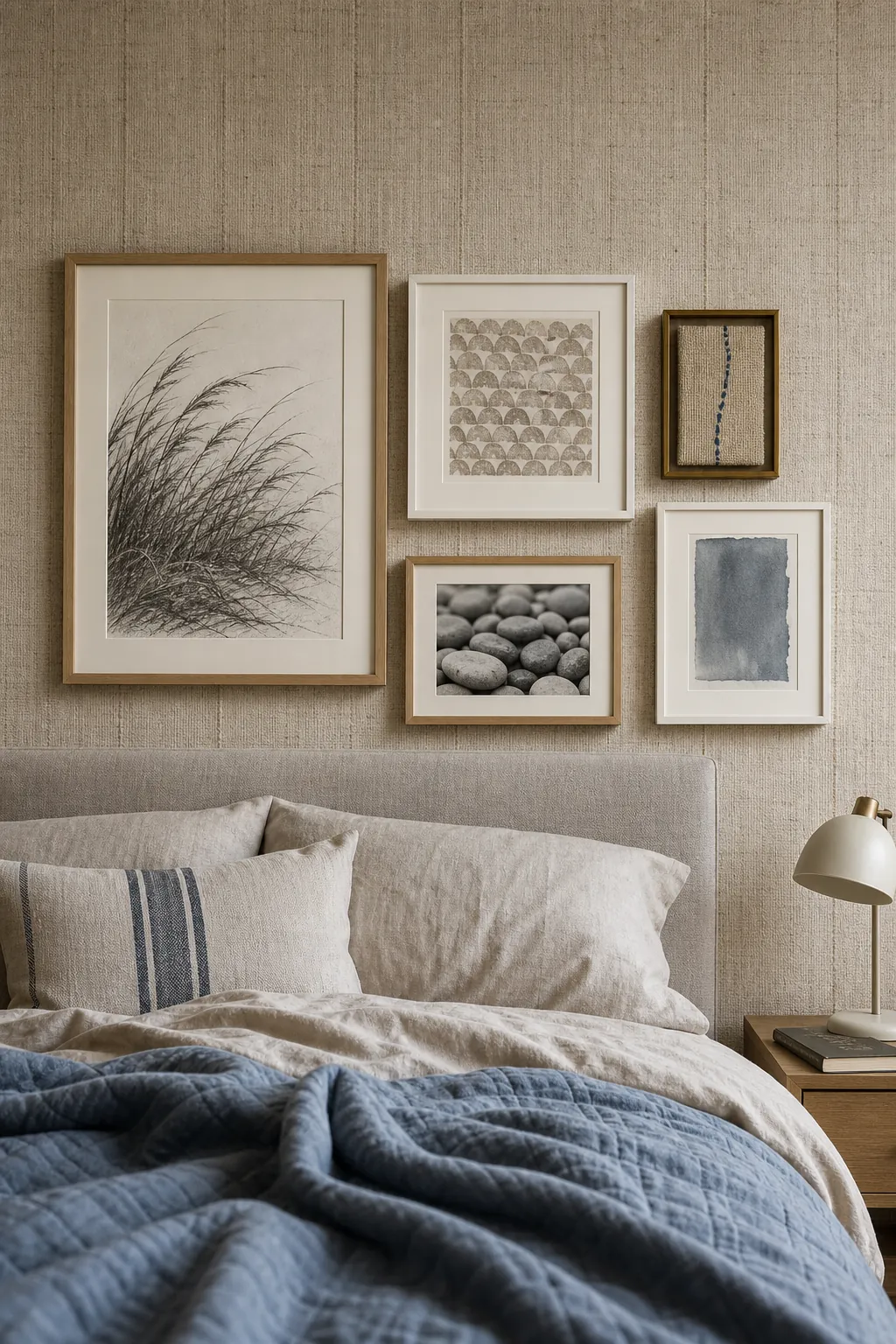 Soft coastal bedroom gallery wall mixing pale oak, white, and aged brass frames with textile and line art
