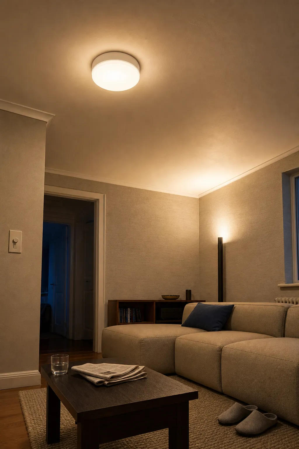 Soft ambient lighting spread across a compact living room by a flush ceiling fixture