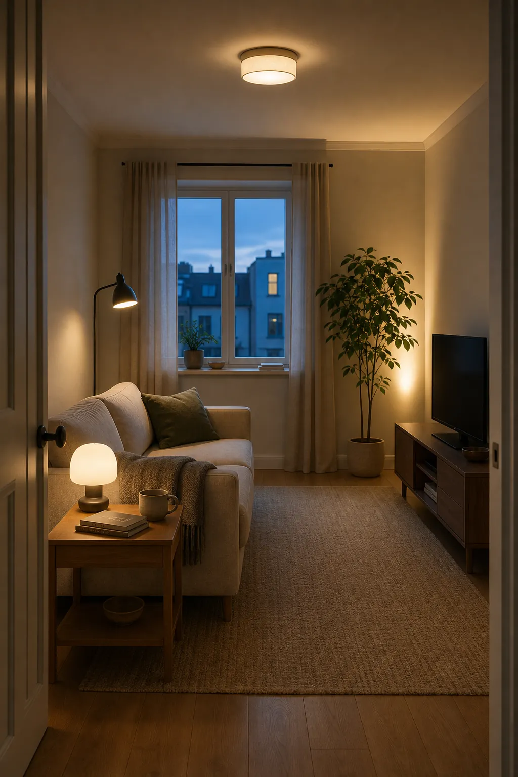 Cozy small living room using ambient, task and accent lighting in balanced layers