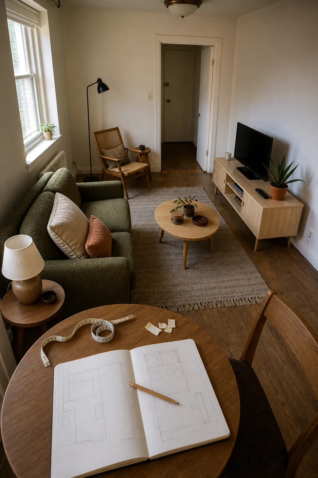 Compact living room arranged into sofa, reading, media and walkway lighting zones