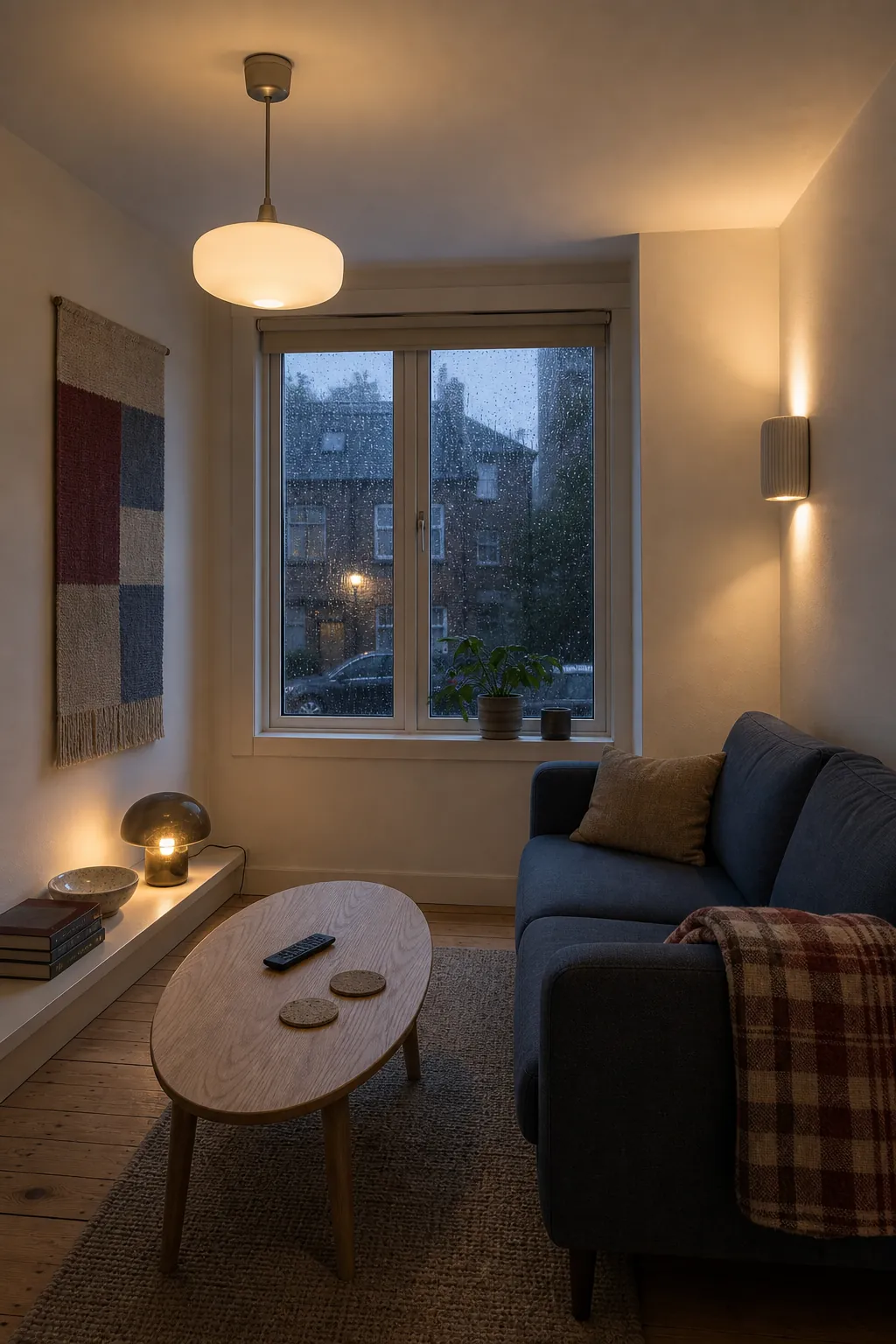 High, mid-level and low living room lamps creating layered lighting at different heights