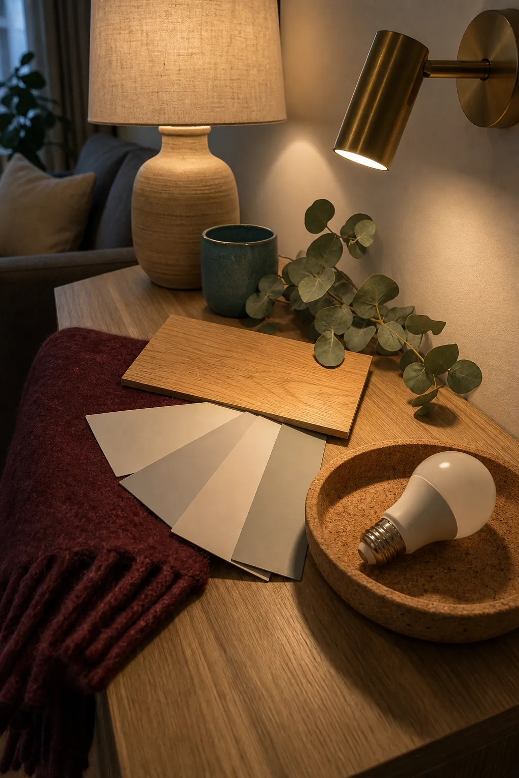 Warm consistent LED bulb light revealing natural fabric and wood colors in a living room
