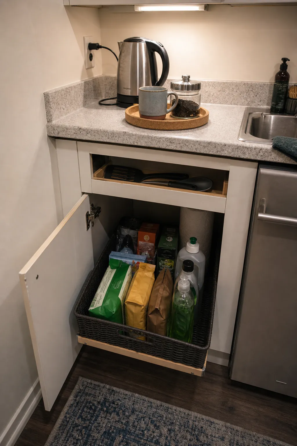 Active kitchen items separated from backup inventory in compact storage