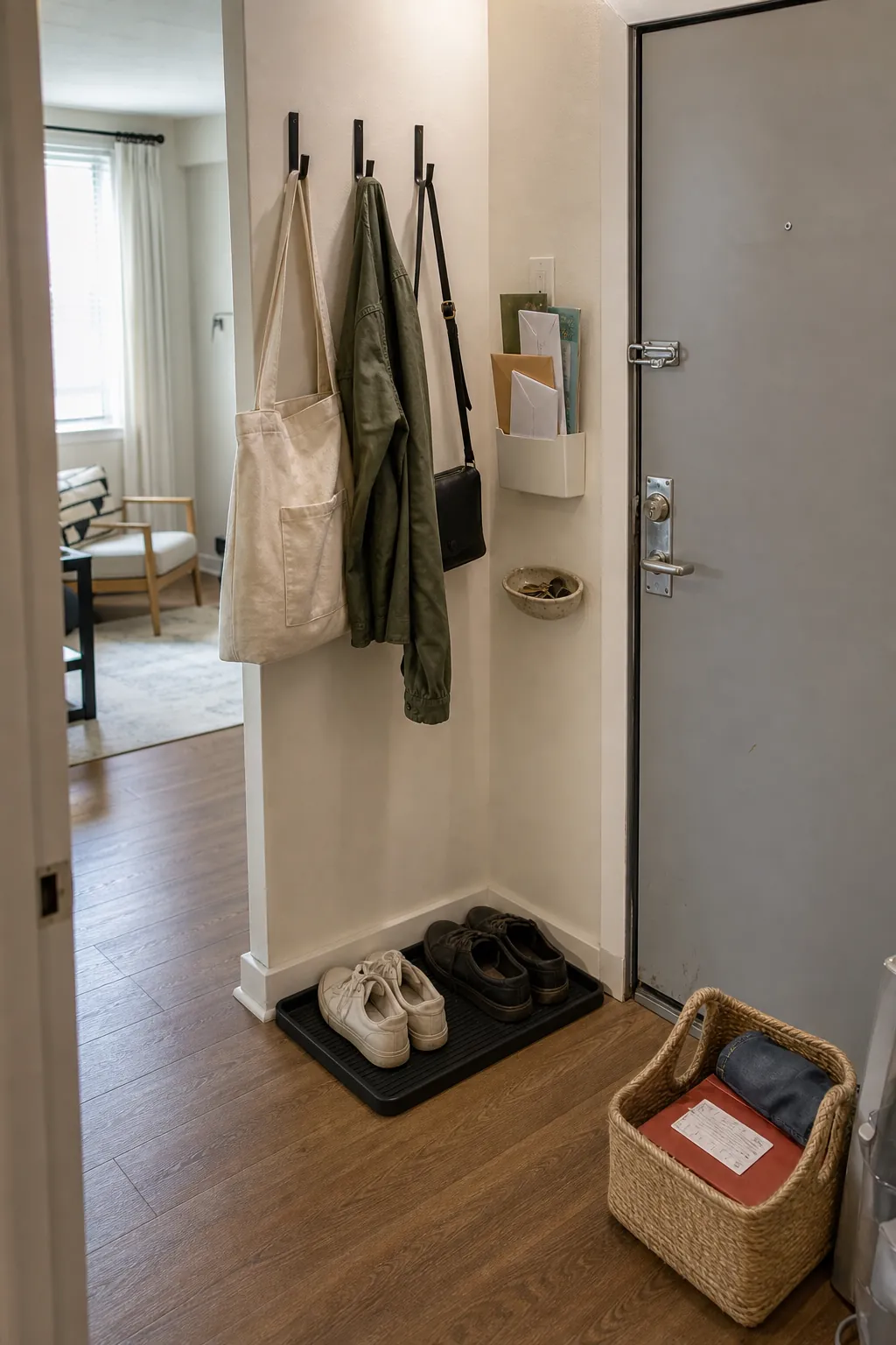 Compact entryway drop zone preventing clutter in a small home