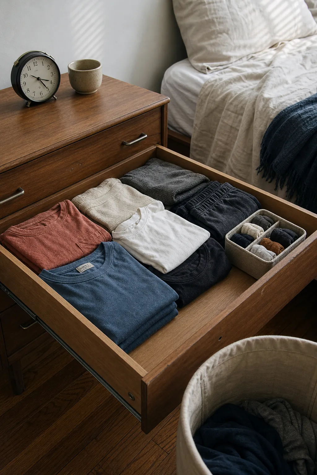 Comfortably filled bedroom drawer used as a decluttering limit