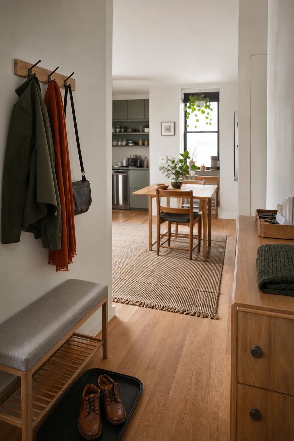 Organized small home with clear surfaces and practical clutter-control zones
