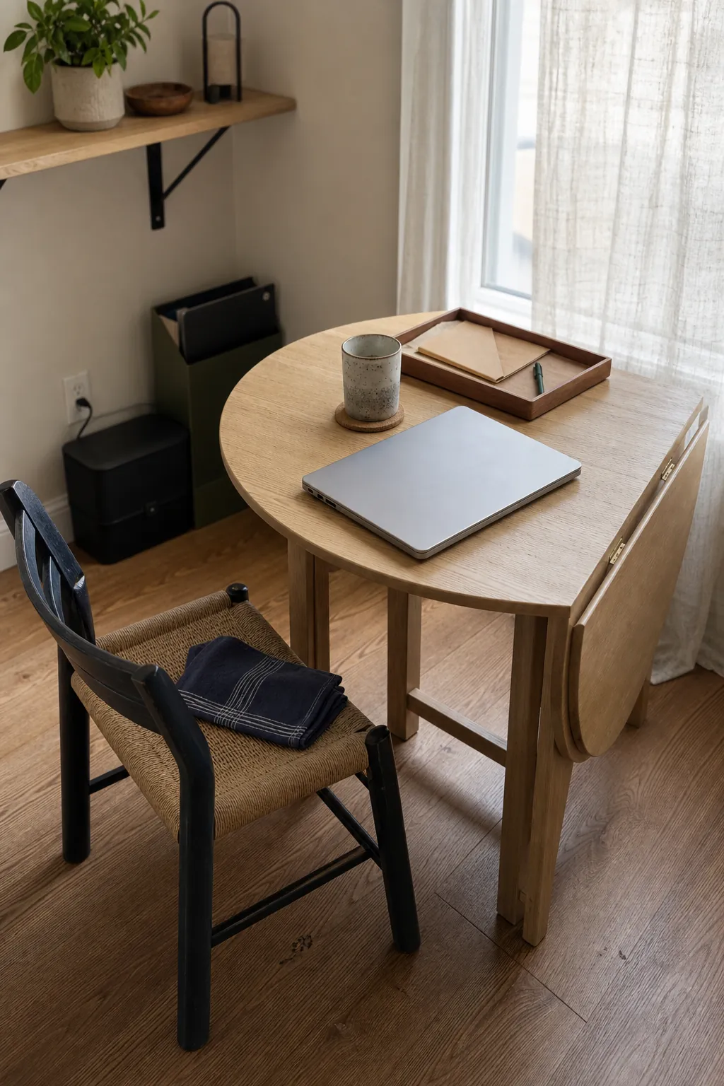 Clear multifunction dining surface in a tidy small apartment