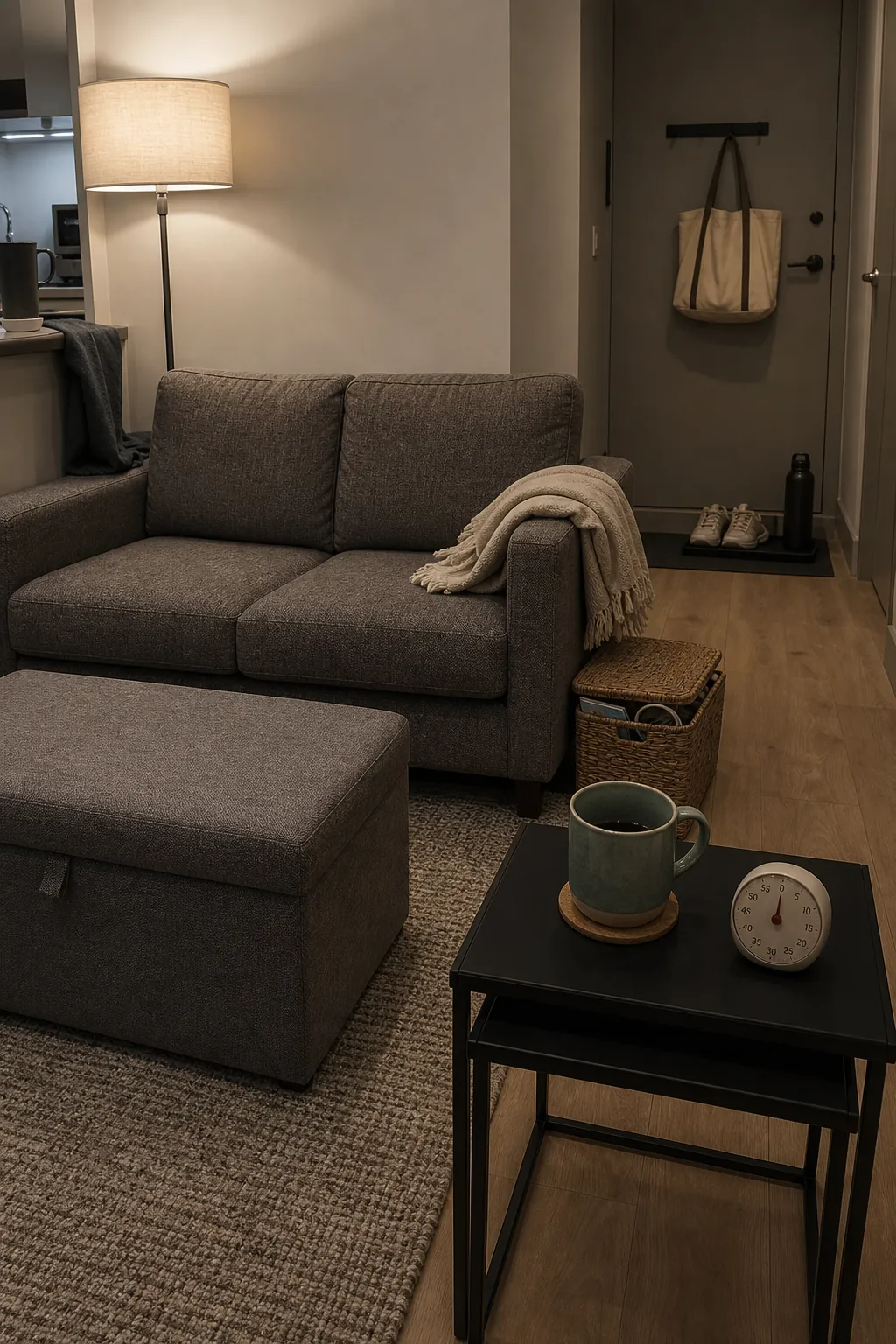 Evening ten-minute home reset in a compact living room