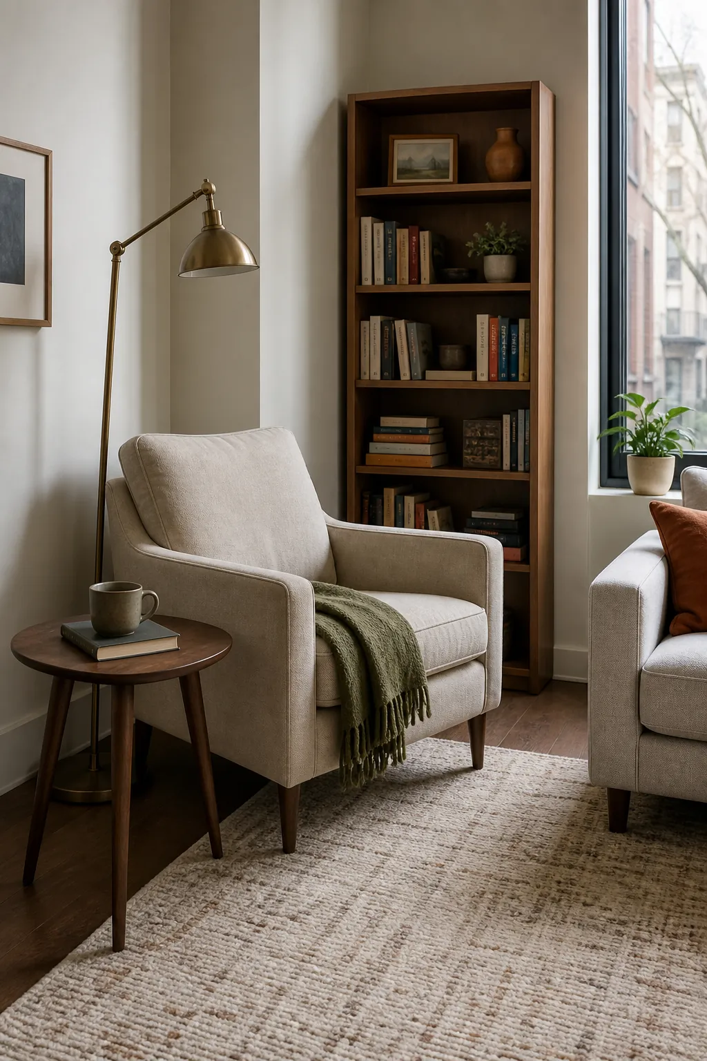 Cozy reading nook arranged in a bright living room corner