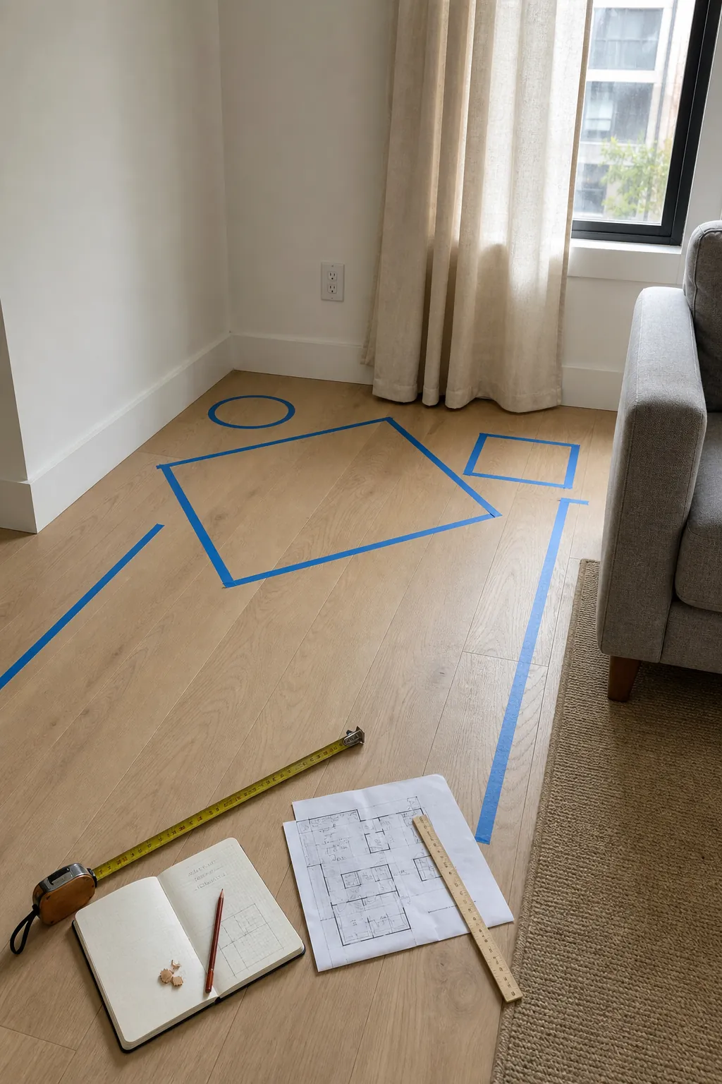 Taped living room corner layout for a reading nook with chair and lamp footprints