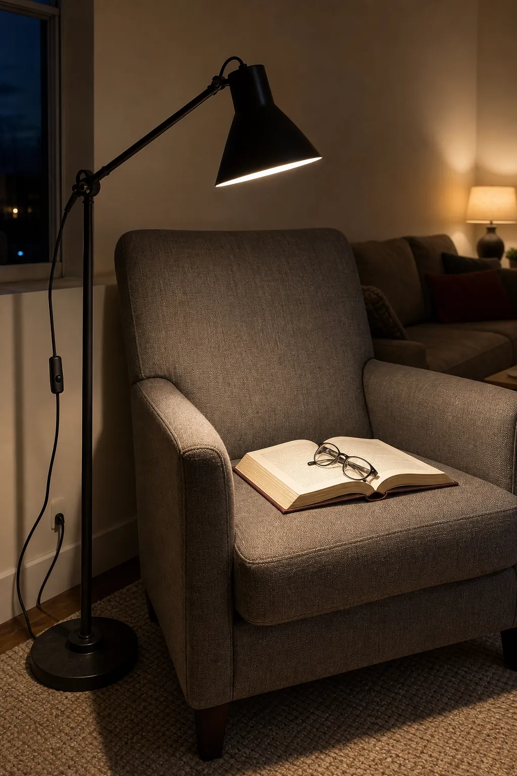 Adjustable floor lamp casting focused light over a book beside a reading chair