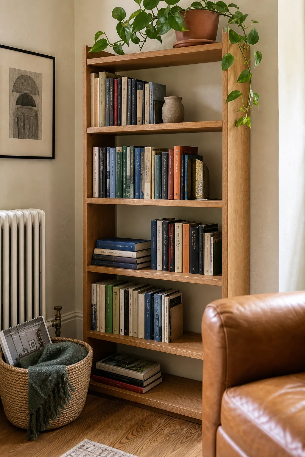 Slim bookcase with practical book storage beside a living room reading nook
