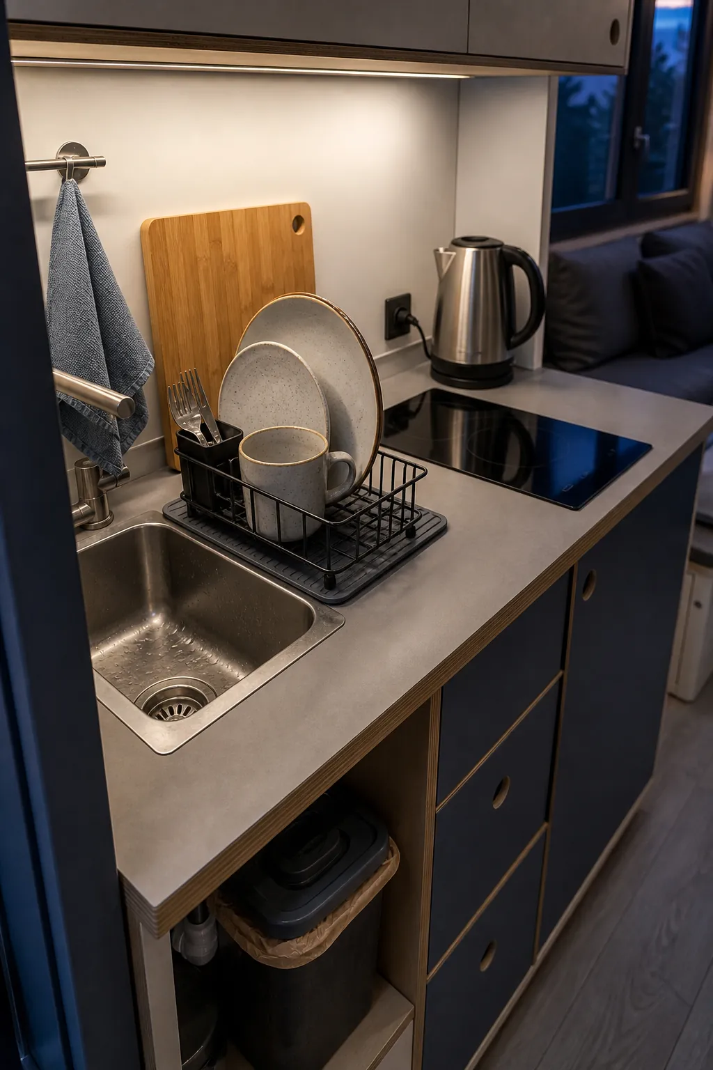 Compact kitchen reset immediately after a meal