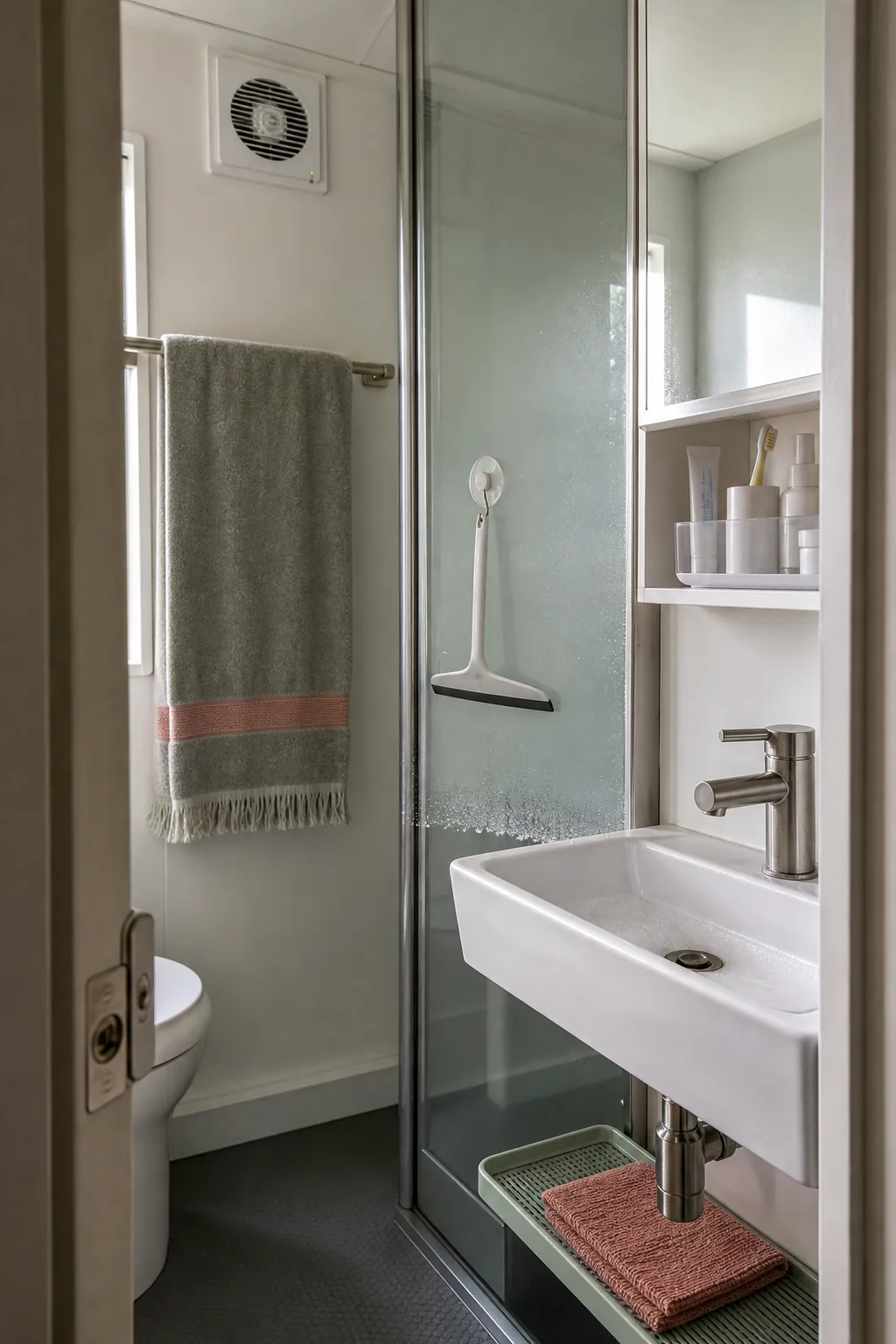 Small bathroom after-use reset with squeegee and clear basin