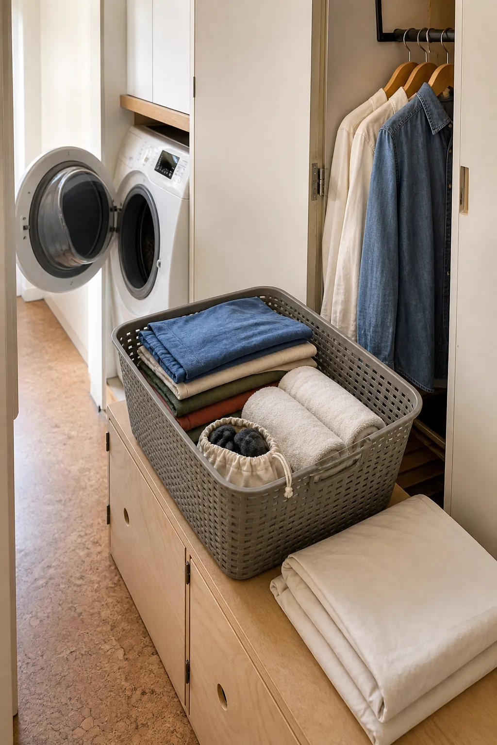Completed compact laundry cycle with folded clothes ready to put away