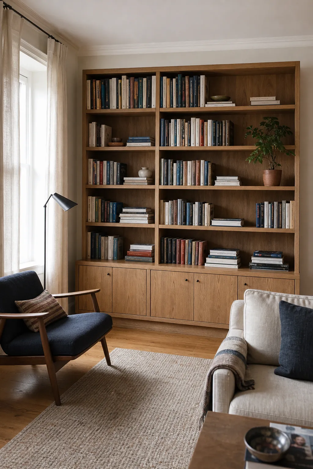 Beautiful living room book storage styled as decor