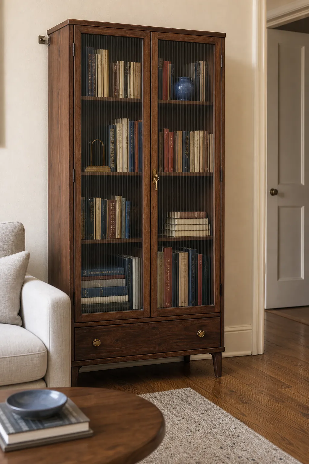 Glass-front cabinet displaying books as living room decor