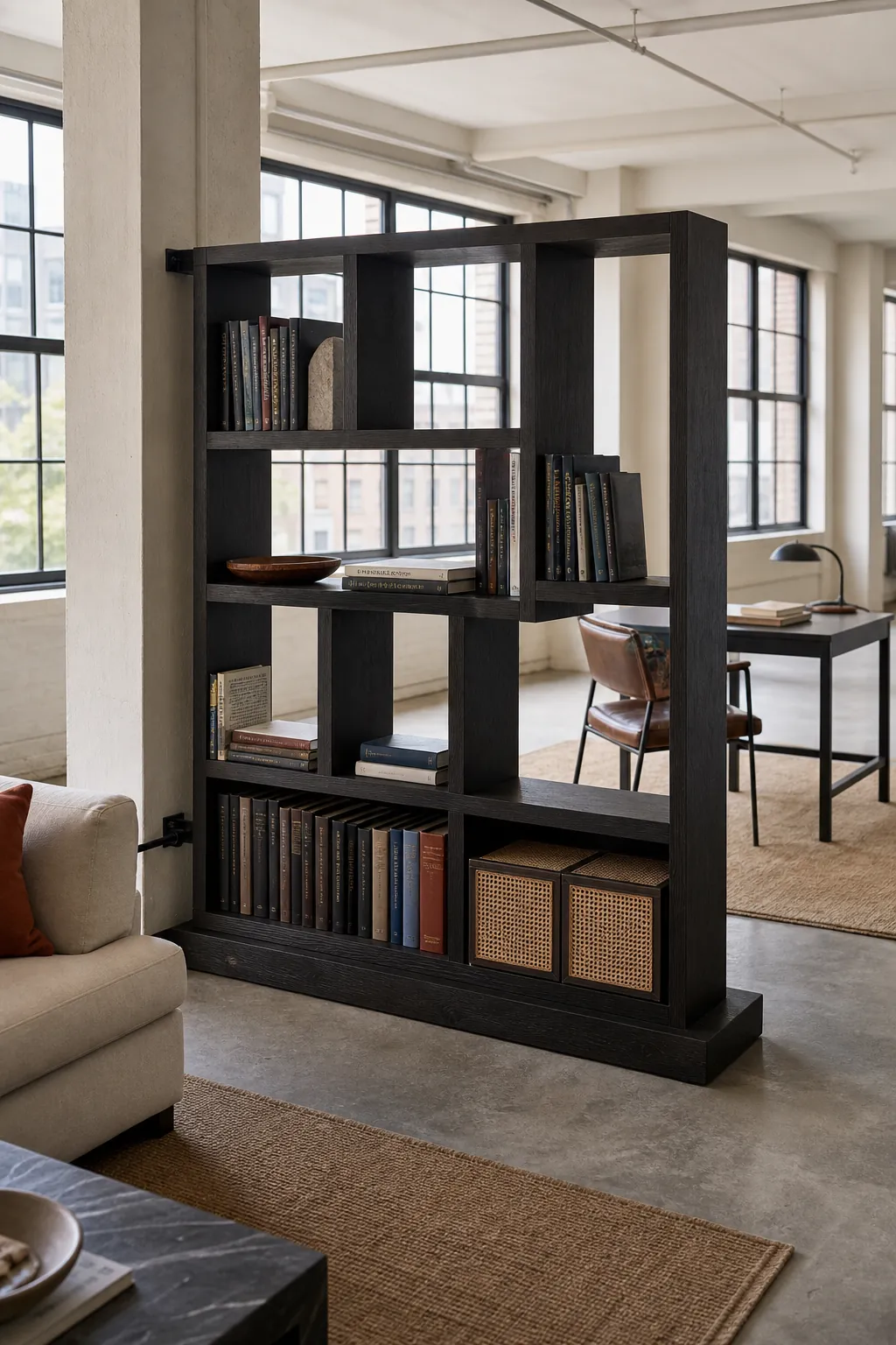 Open bookcase used as a decorative room divider with books