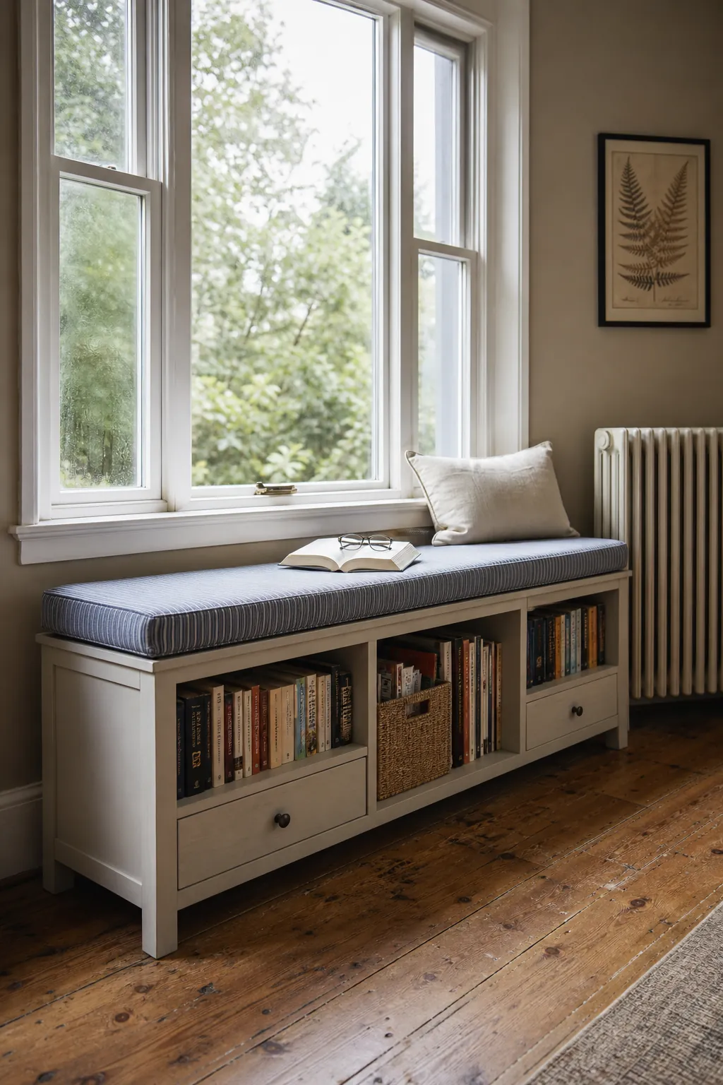 Low window bench with decorative book storage and a reading cushion