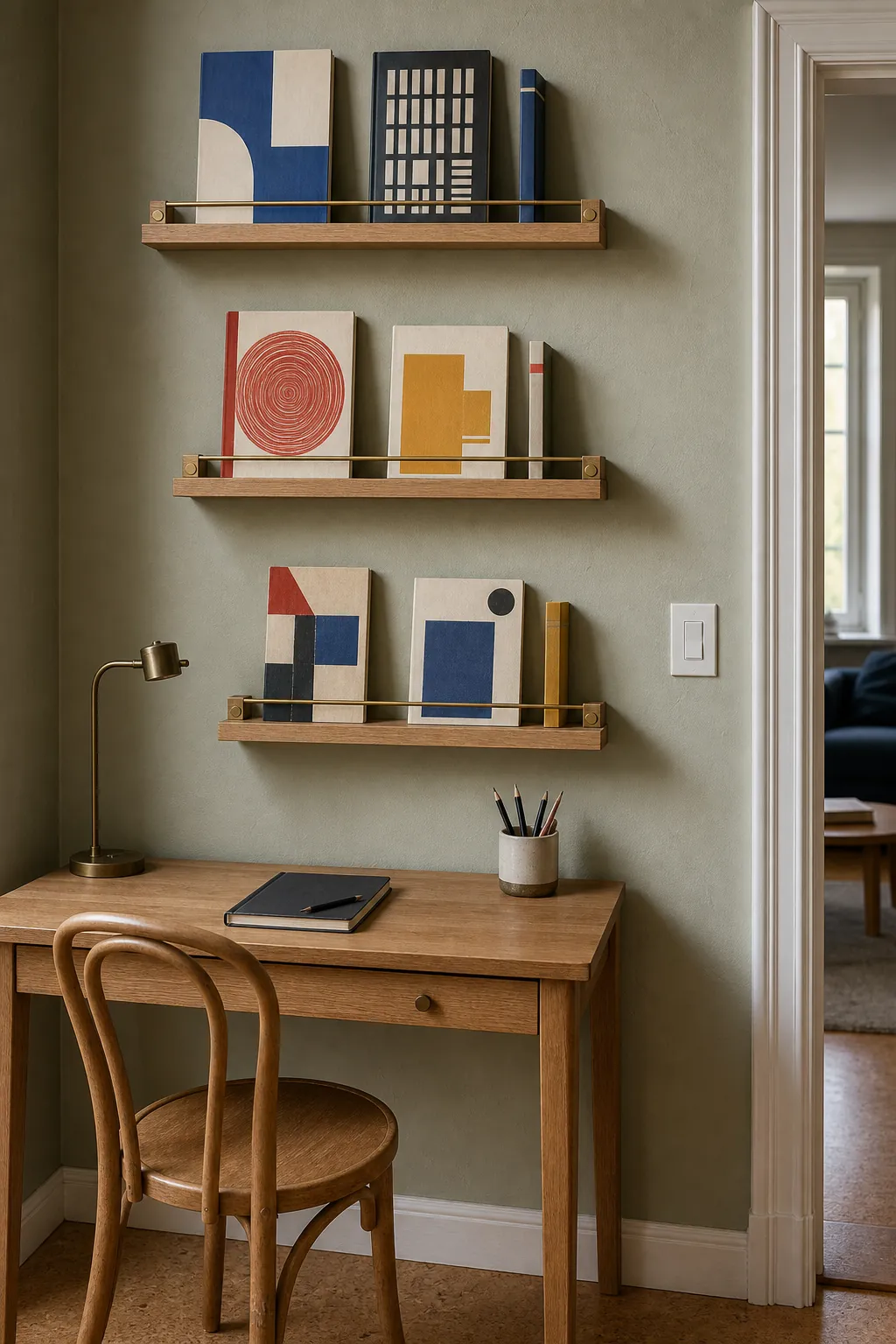 Picture ledges displaying favorite book covers as wall decor