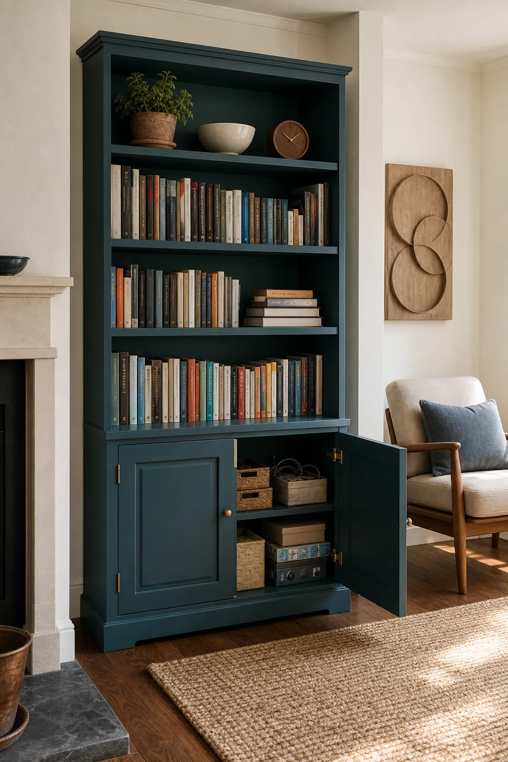 Bookcase with closed lower cabinets and styled open book shelves above