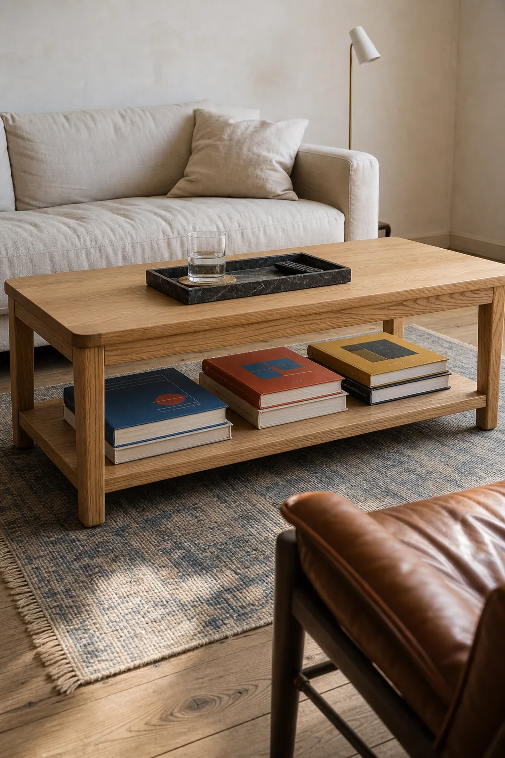 Coffee table lower shelf storing oversized books as living room decor