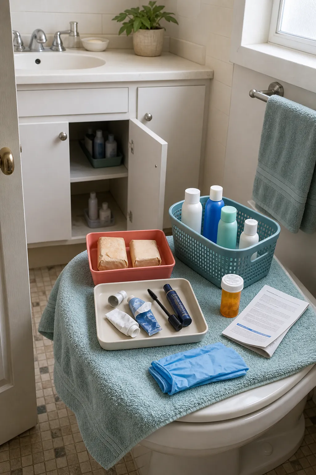 Bathroom products sorted by condition for safe decluttering
