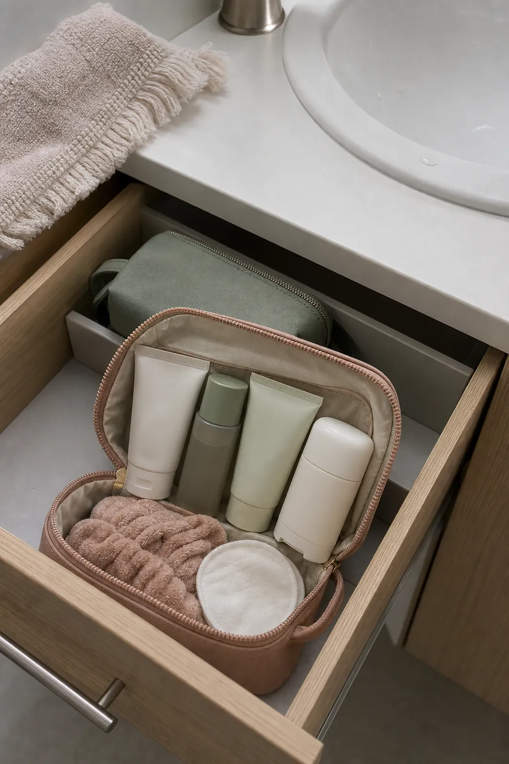 Portable daily skincare kit for a clutter-free small bathroom