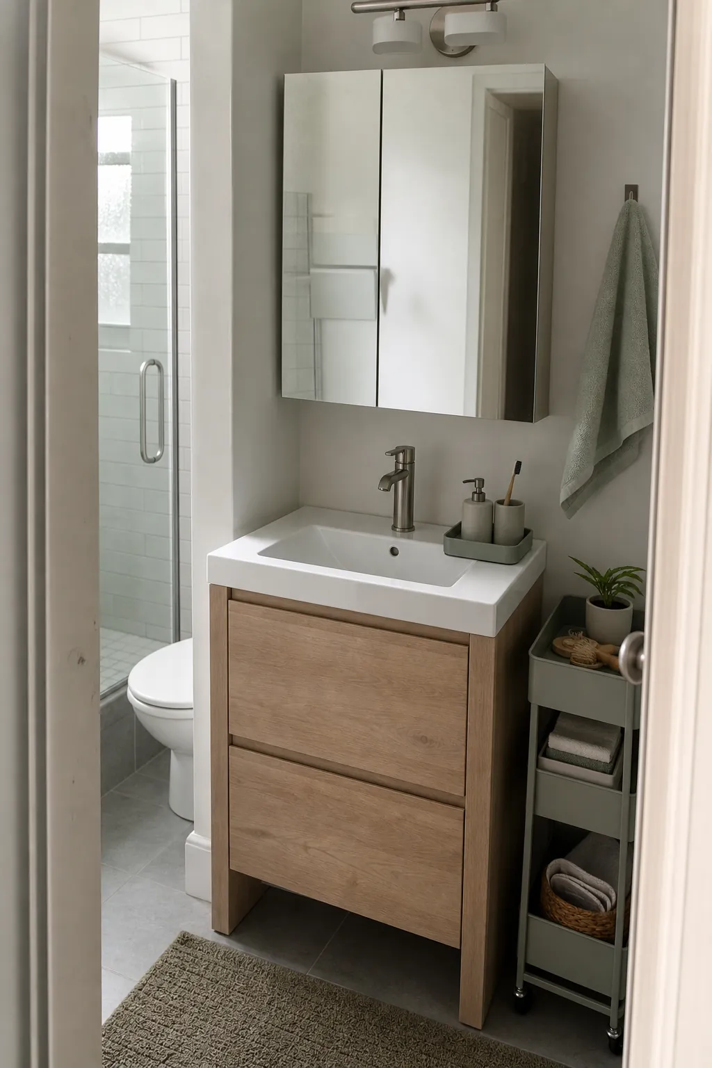 Clutter-free small bathroom with practical daily product storage