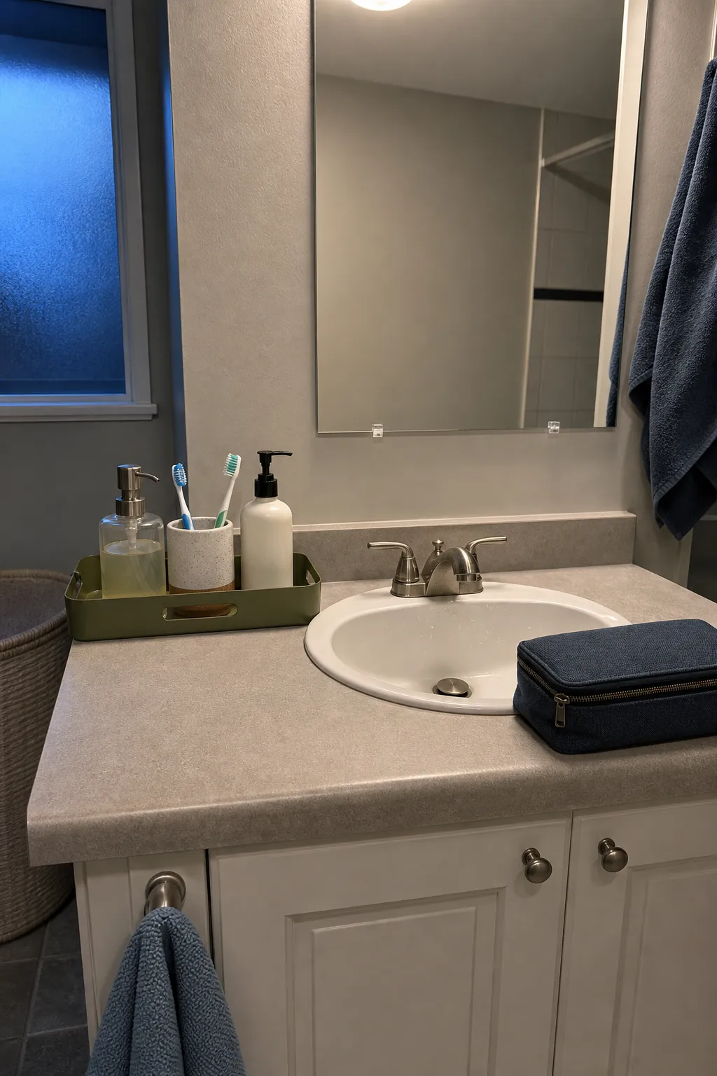 Clear small bathroom counter with one movable essentials tray