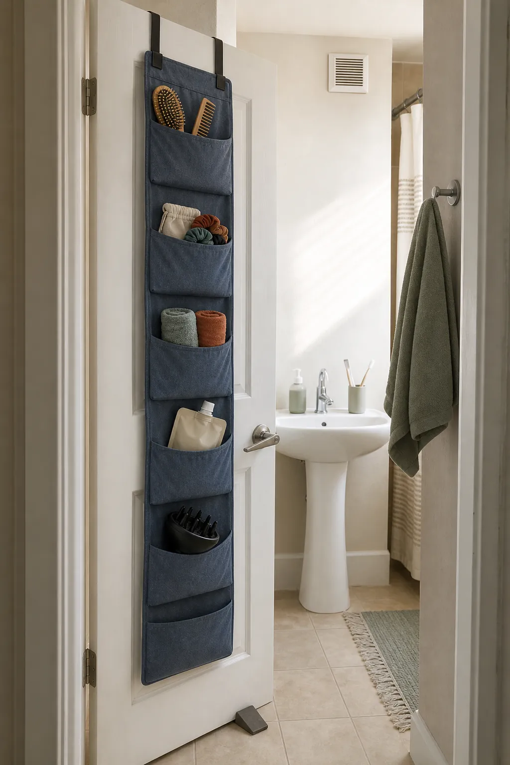Renter-friendly bathroom door pockets holding lightweight daily products