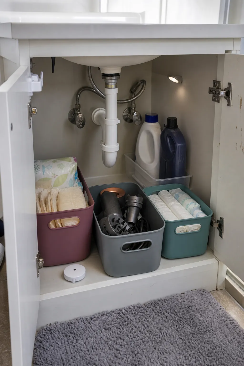 Handled bins organizing an awkward small bathroom under-sink cabinet