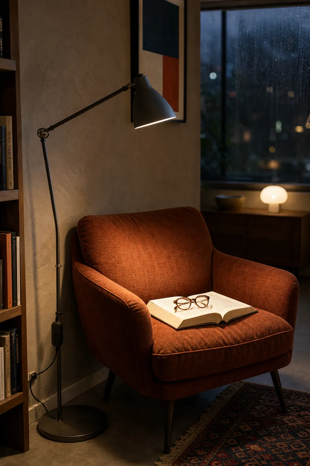 Layered task and ambient lighting in a rainy-day reading nook