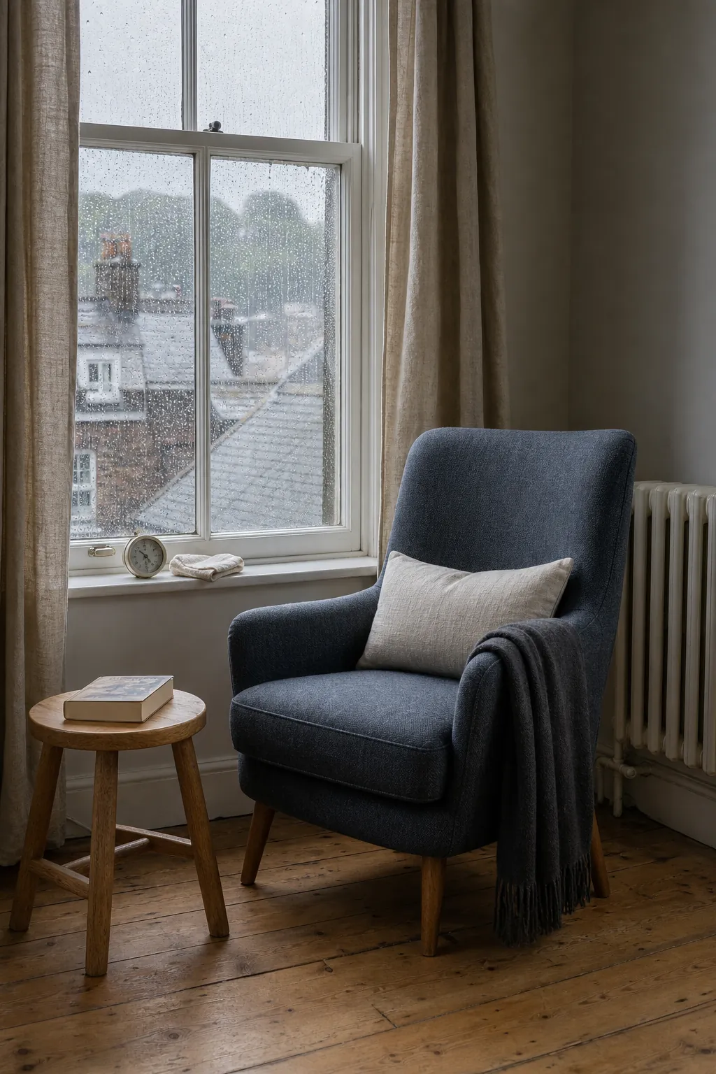 Reading chair angled toward a rainy window with clear ventilation space