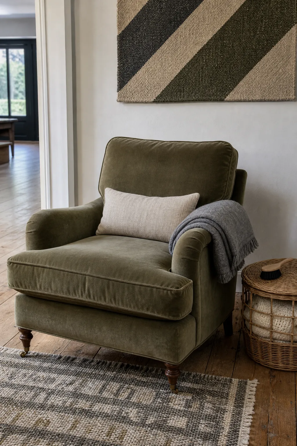 Reading chair with one supportive cushion and a practical wool throw