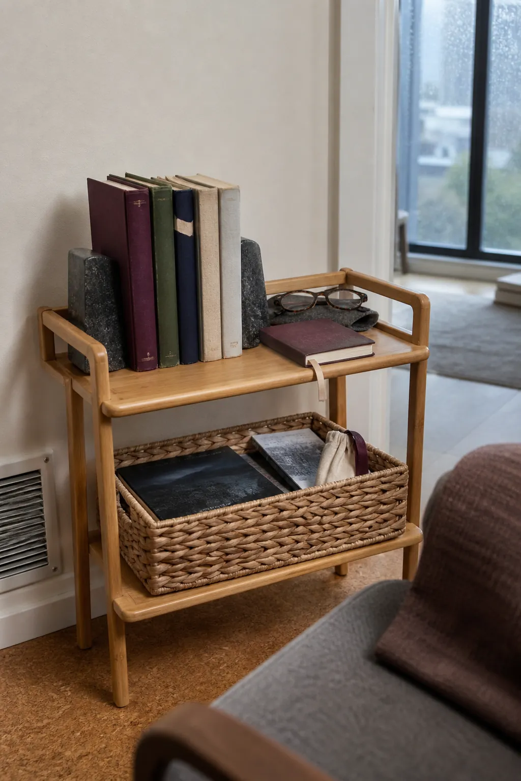 Small basket and shelf holding a tidy rainy-day reading queue