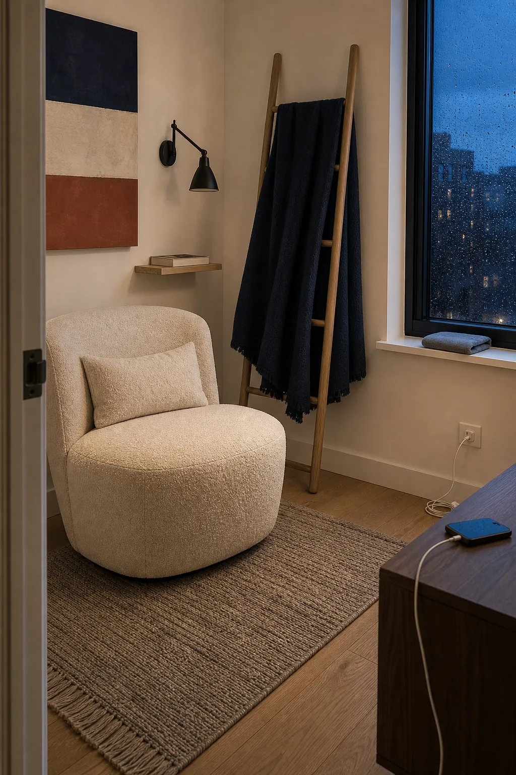 Tidy reading space reset with a book, aired throw, and rain outside