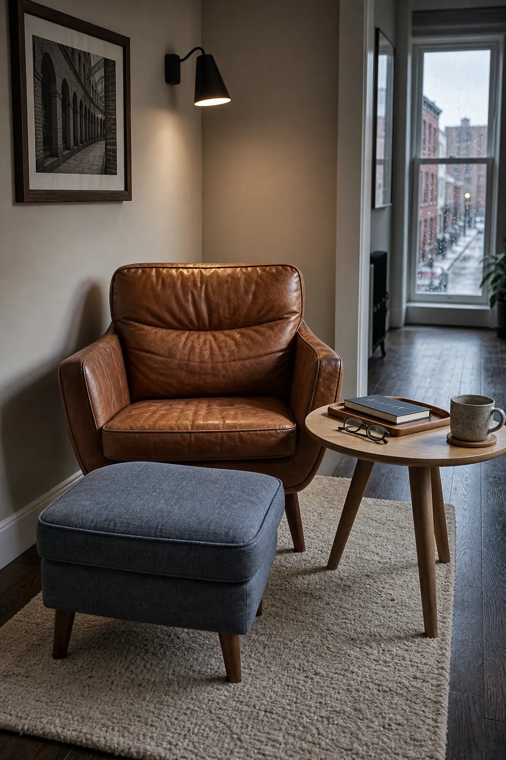 Reading nook with a footstool and reachable side table on a rainy afternoon