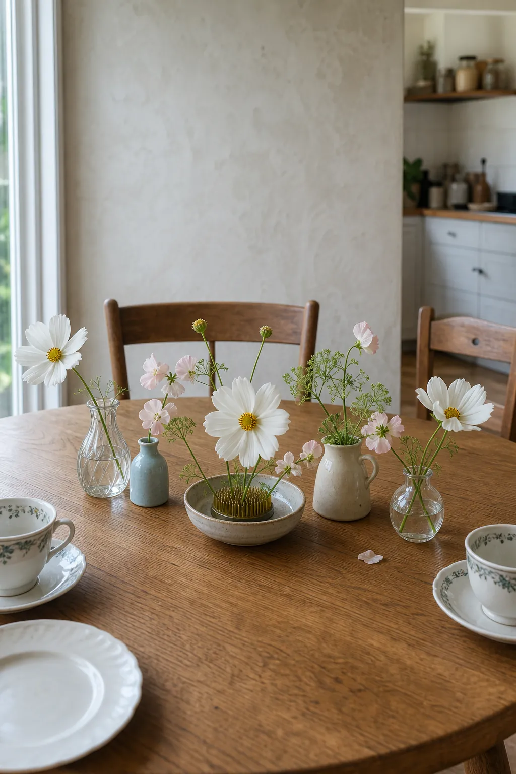 Low fresh flower centerpiece in small bud vases between vintage teacups