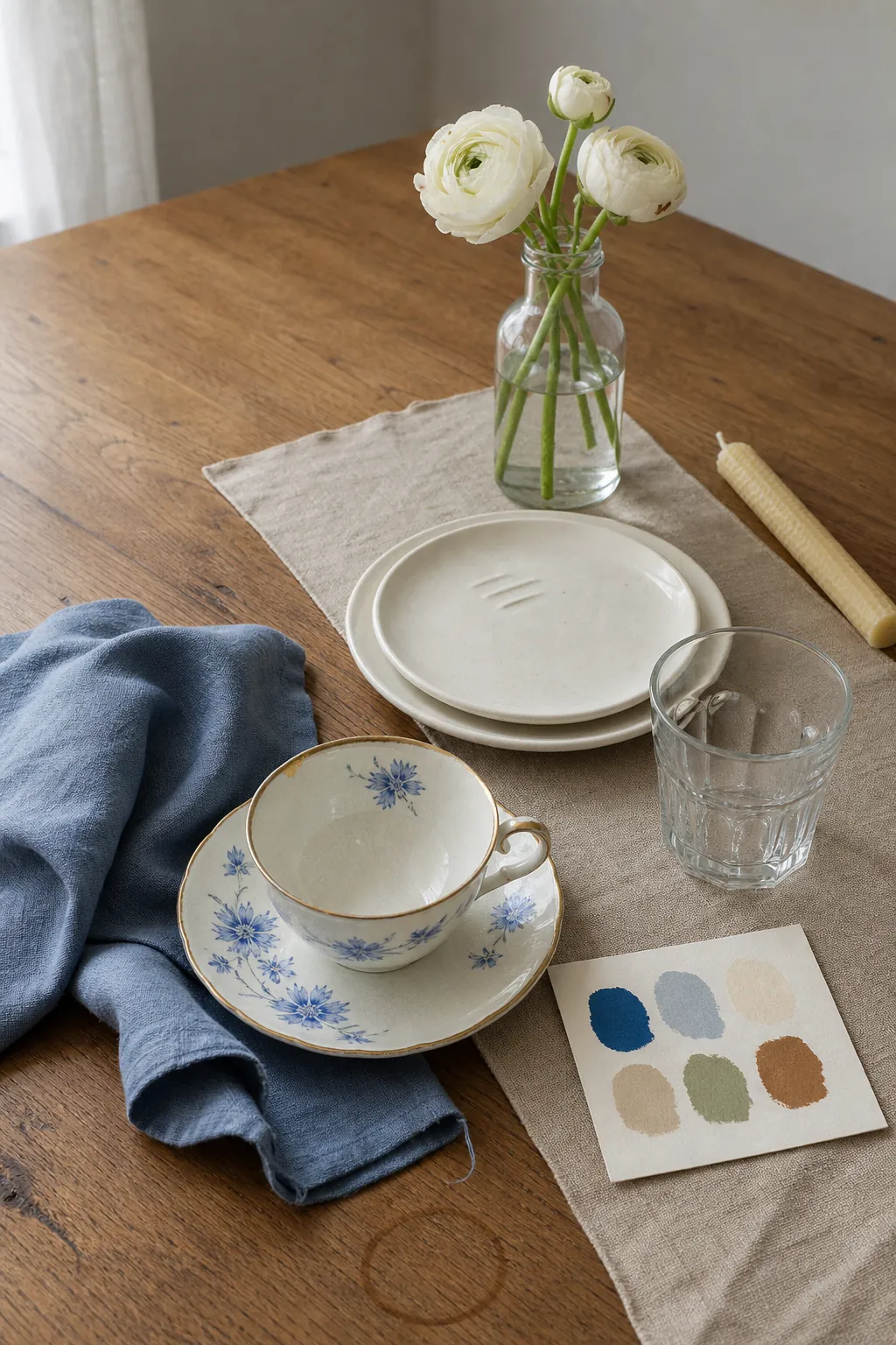 Blue vintage teacup, folded linen napkin, and white flowers establishing a table styling palette
