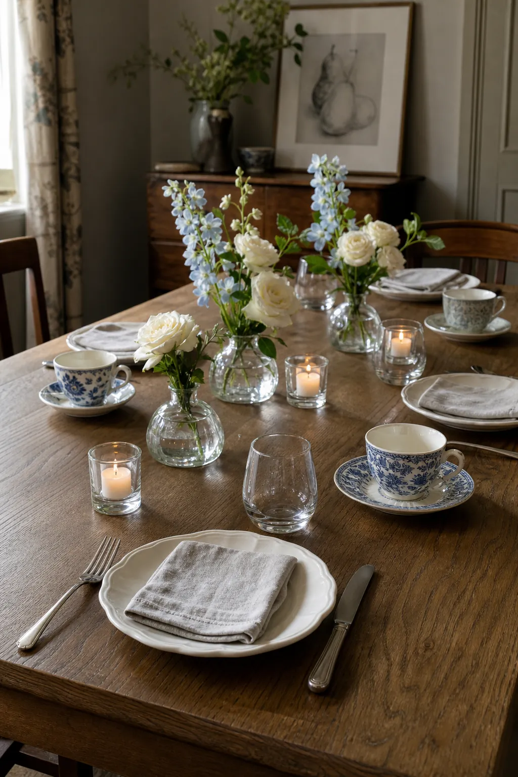 Elegant dining table styled with vintage teacups, fresh flowers, and candles