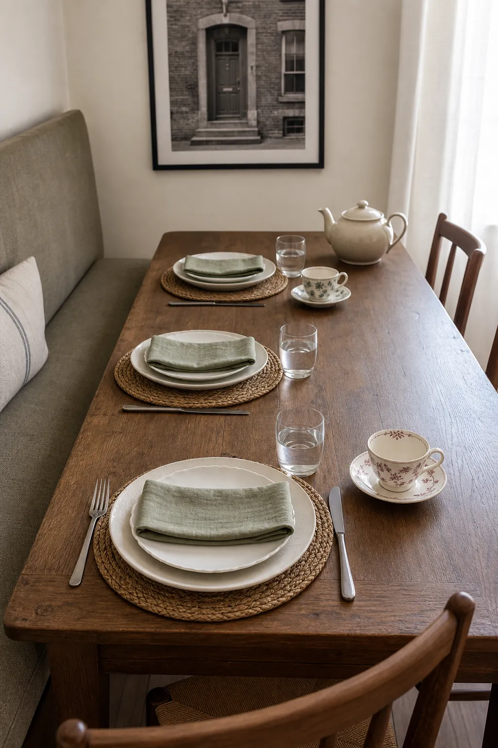 Layered place setting with a vintage teacup, simple plate, linen napkin, and clear glassware