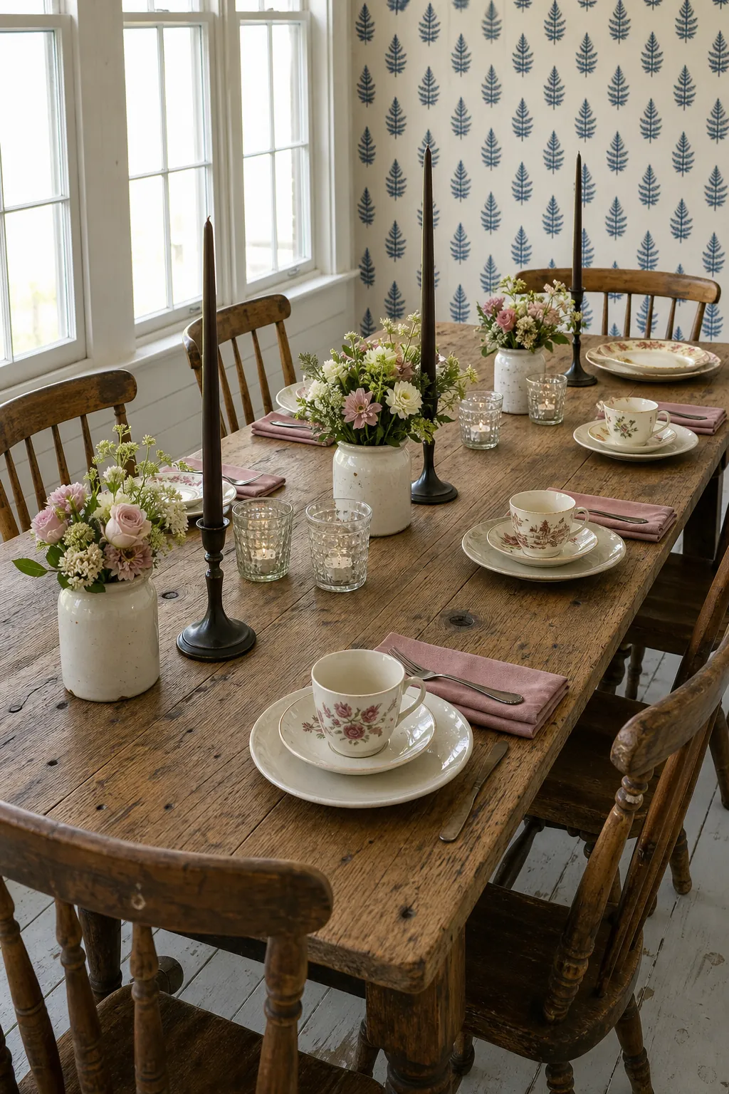 Dining table showing low teacups, medium flower clusters, and slim taper candle height bands