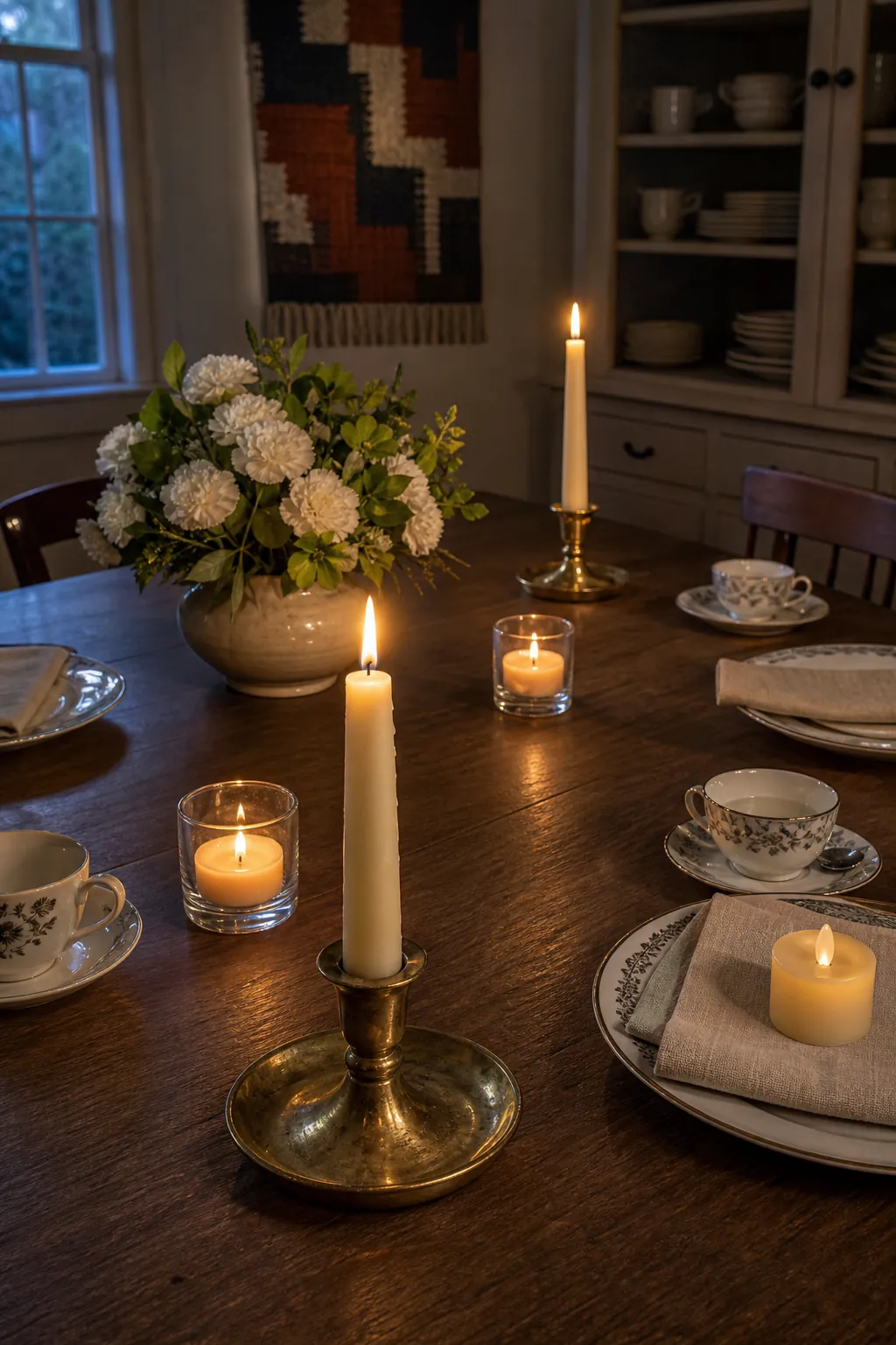 Sturdy glass candle holders spaced safely from flowers and linen on a dining table