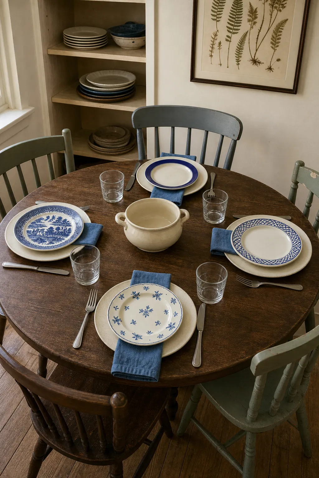 Mismatched thrifted salad plates unified by cream dinner plates and blue napkins