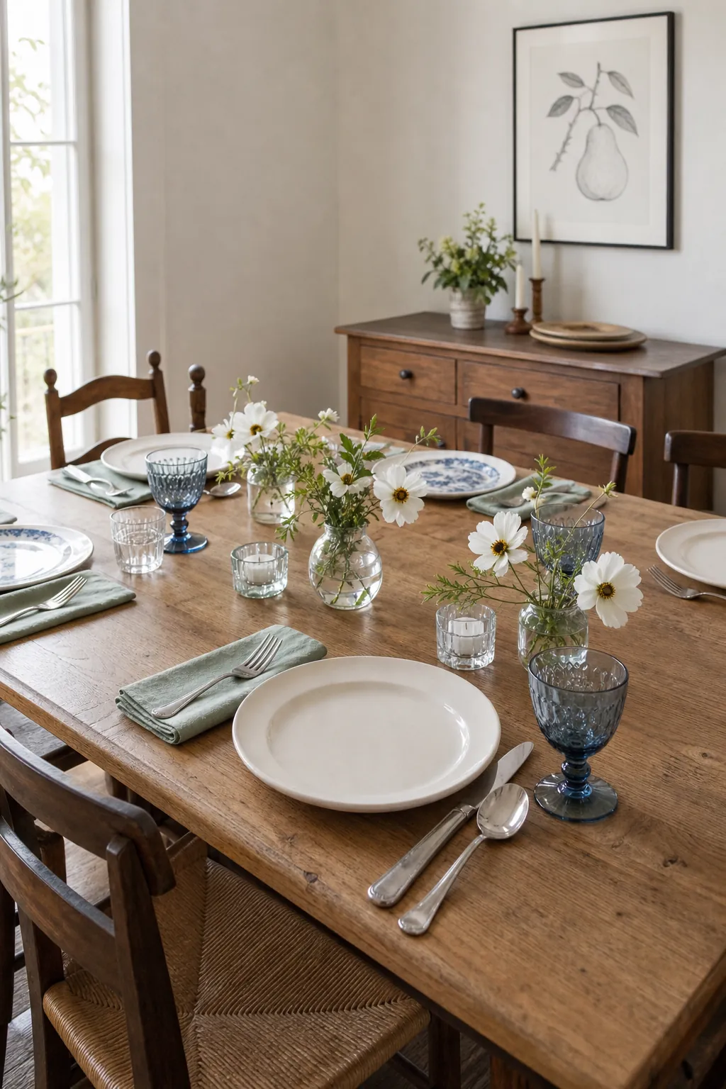 Elegant budget table setting with simple dinnerware, linen napkins, and low flowers
