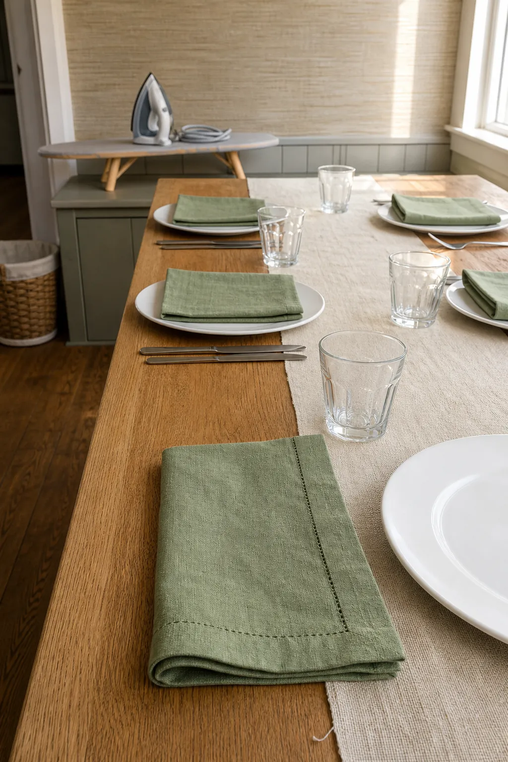 Pressed oatmeal table runner and sage cloth napkins elevating simple dinnerware